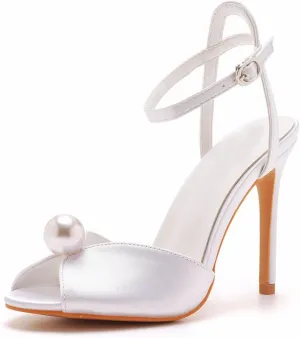 Arqa Peep Toe Ankle Strap Stiletto High Heels Satin Heeled Sandals with Pearl Bride Wedding Shoes