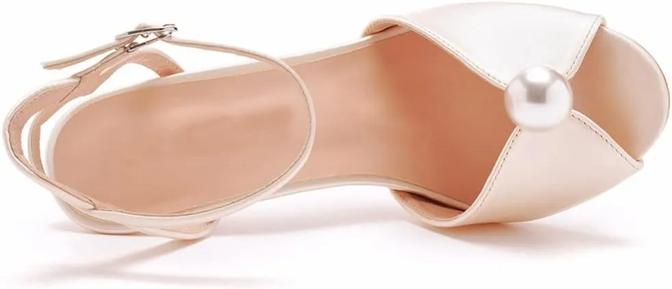 Arqa Peep Toe Ankle Strap Stiletto High Heels Satin Heeled Sandals with Pearl Bride Wedding Shoes