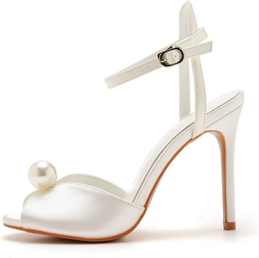 Arqa Peep Toe Ankle Strap Stiletto High Heels Satin Heeled Sandals with Pearl Bride Wedding Shoes