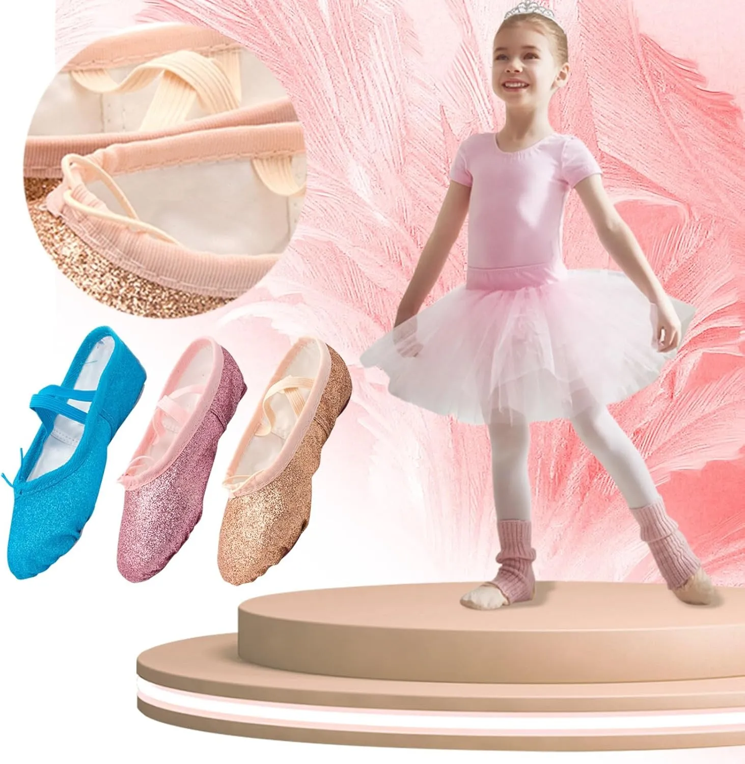 Ballet Glitter Shoes Split-Sole for Girls Toddler Dance Slippers with Elastic Laces for Toddler Ballet Flat