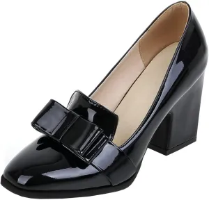 BEAUPAS Women's Chunky High Heel Square Toe Loafer Patent Leather Pumps with Bow Shoes
