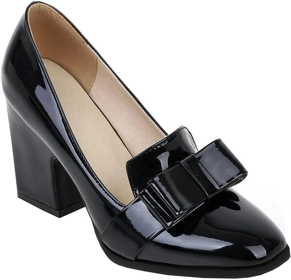 BEAUPAS Women's Chunky High Heel Square Toe Loafer Patent Leather Pumps with Bow Shoes