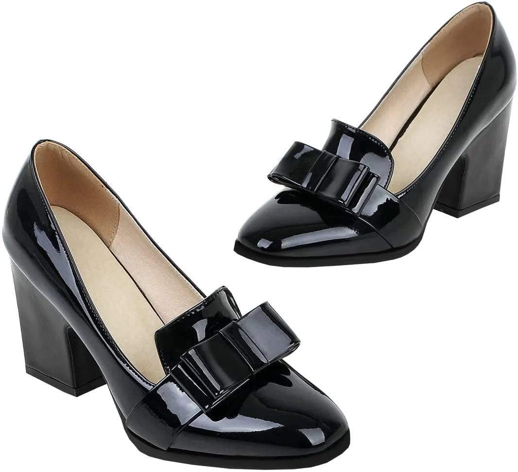 BEAUPAS Women's Chunky High Heel Square Toe Loafer Patent Leather Pumps with Bow Shoes
