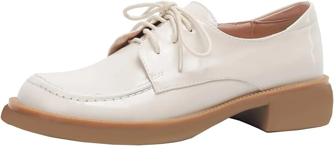 Betastella Women's Low Heel Chunky Oxfords Lace Up Round Toe Brogue Shoes