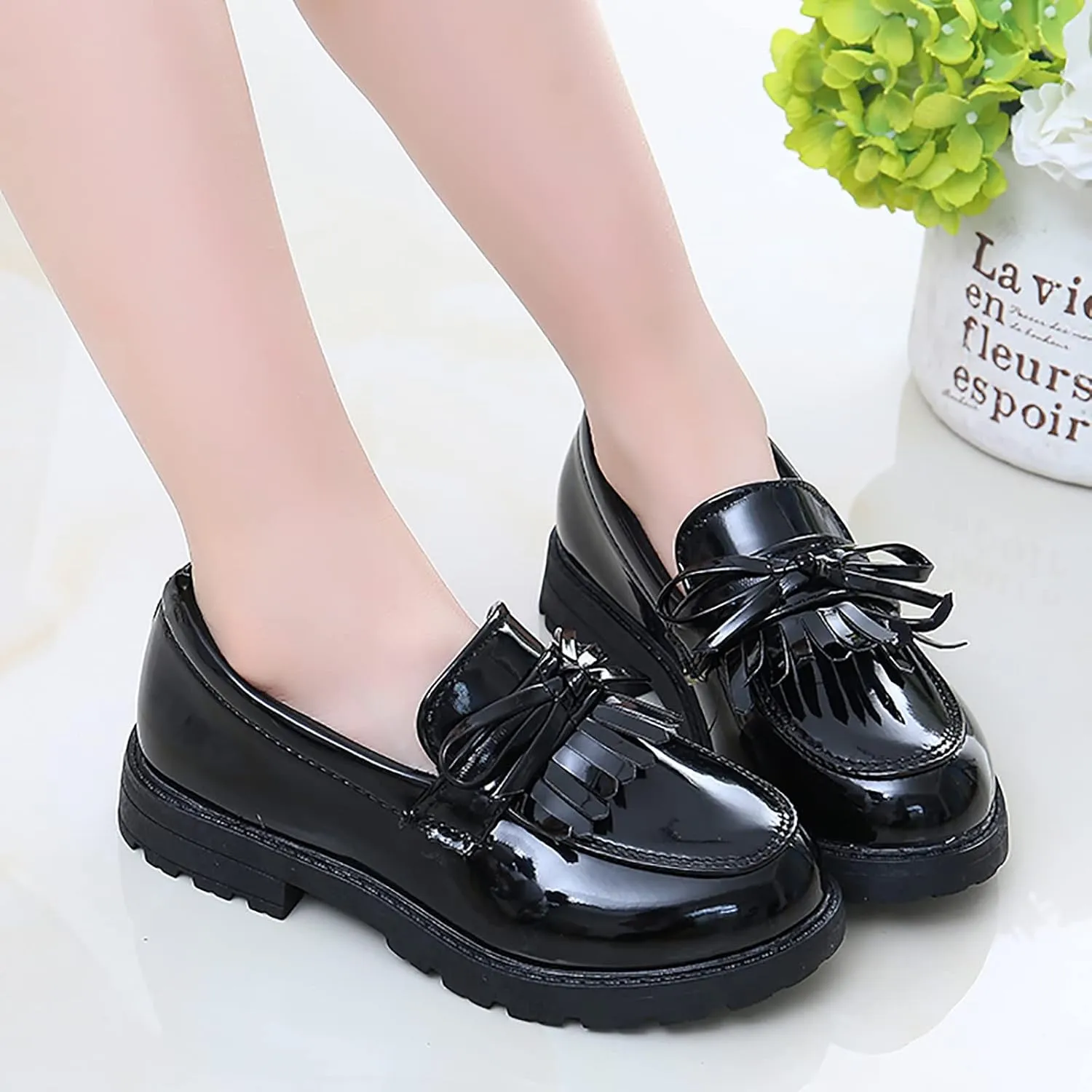 Boys Slip on Shoe Girls Slip On Leather Loafer Tassel Bow Flats School Dress Shoes for Girls and 1 Boys