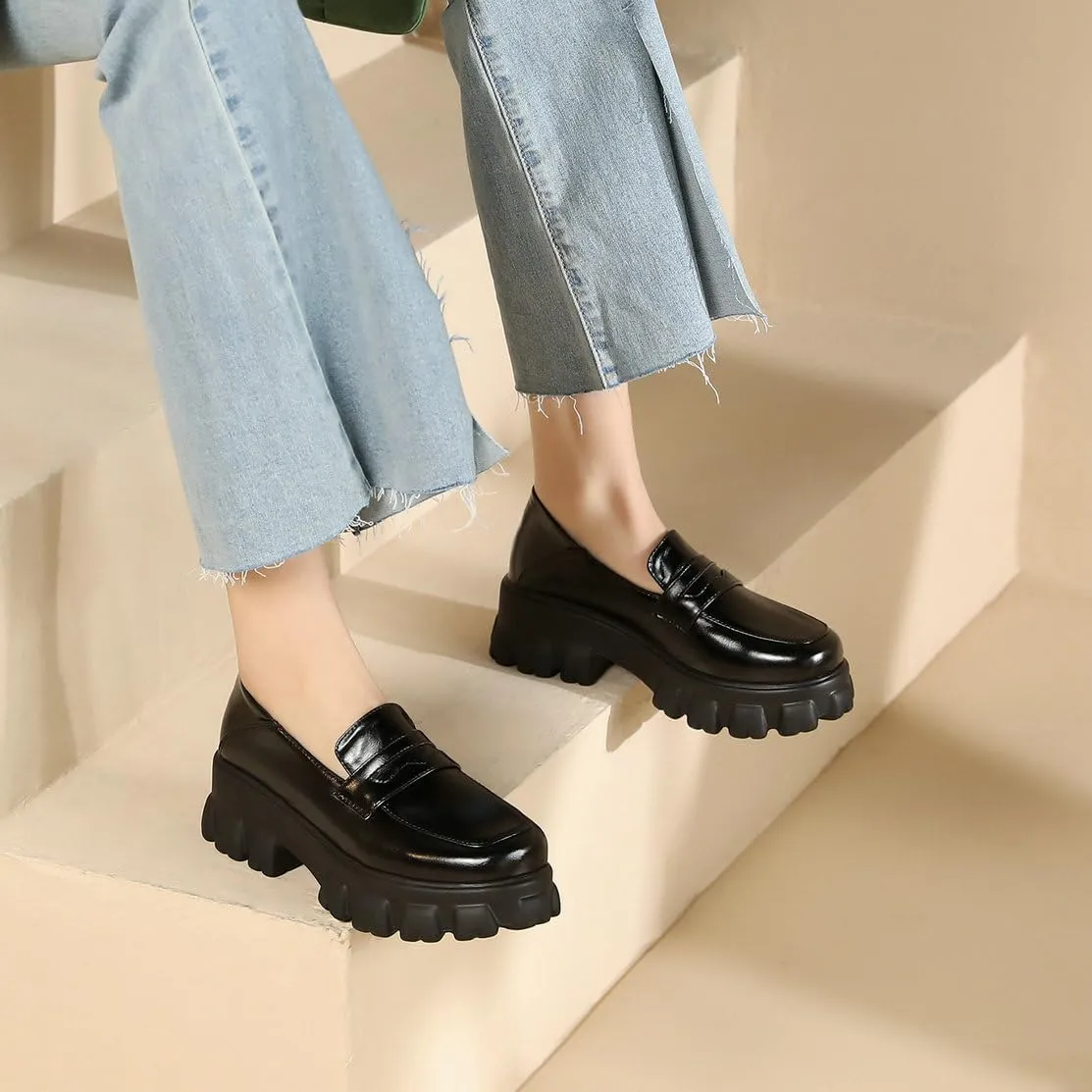 Caradise Women's Patent Leather Loafers Block Heel Slip On Casual Shoes
