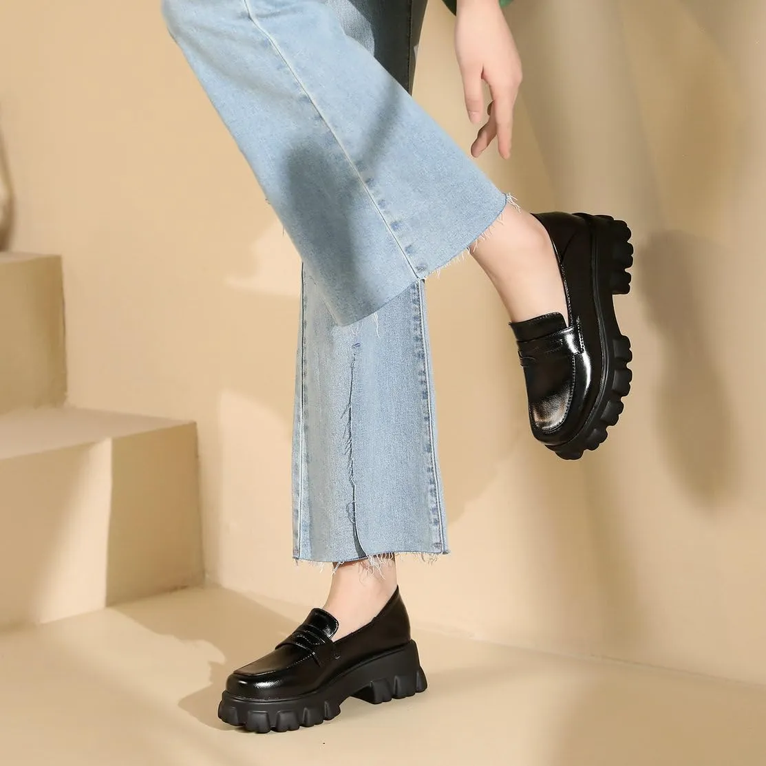 Caradise Women's Patent Leather Loafers Block Heel Slip On Casual Shoes