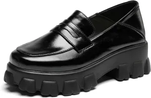 Caradise Women's Patent Leather Loafers Block Heel Slip On Casual Shoes
