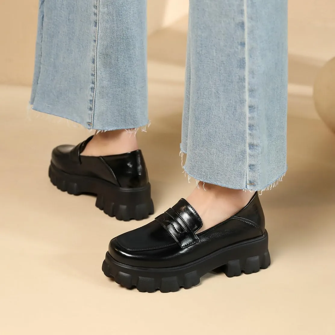 Caradise Women's Patent Leather Loafers Block Heel Slip On Casual Shoes