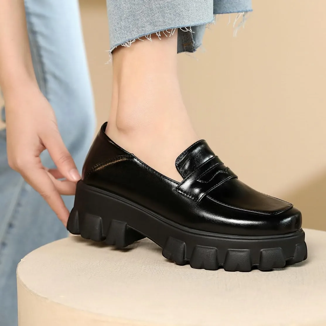 Caradise Women's Patent Leather Loafers Block Heel Slip On Casual Shoes