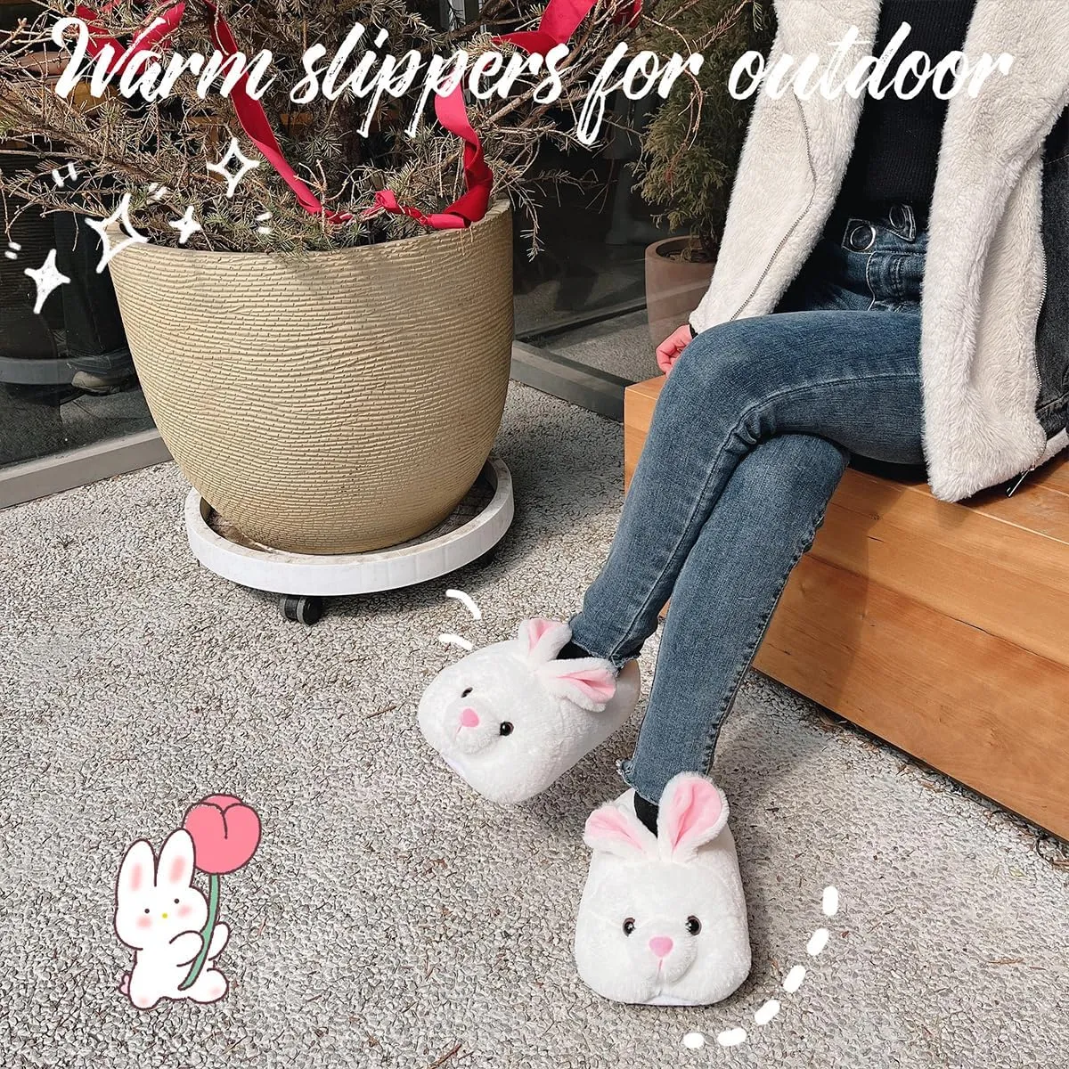 Caramella Bubble Classic Bunny Slippers for Women Funny Animal Novelty Slippers for Adults Cute Plush Rabbit Bedroom Slippers