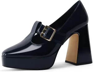Coutgo Womens Platform Mary Jane Pumps T Strap Chunky High Heels Buckle Business Casual Dress Shoes