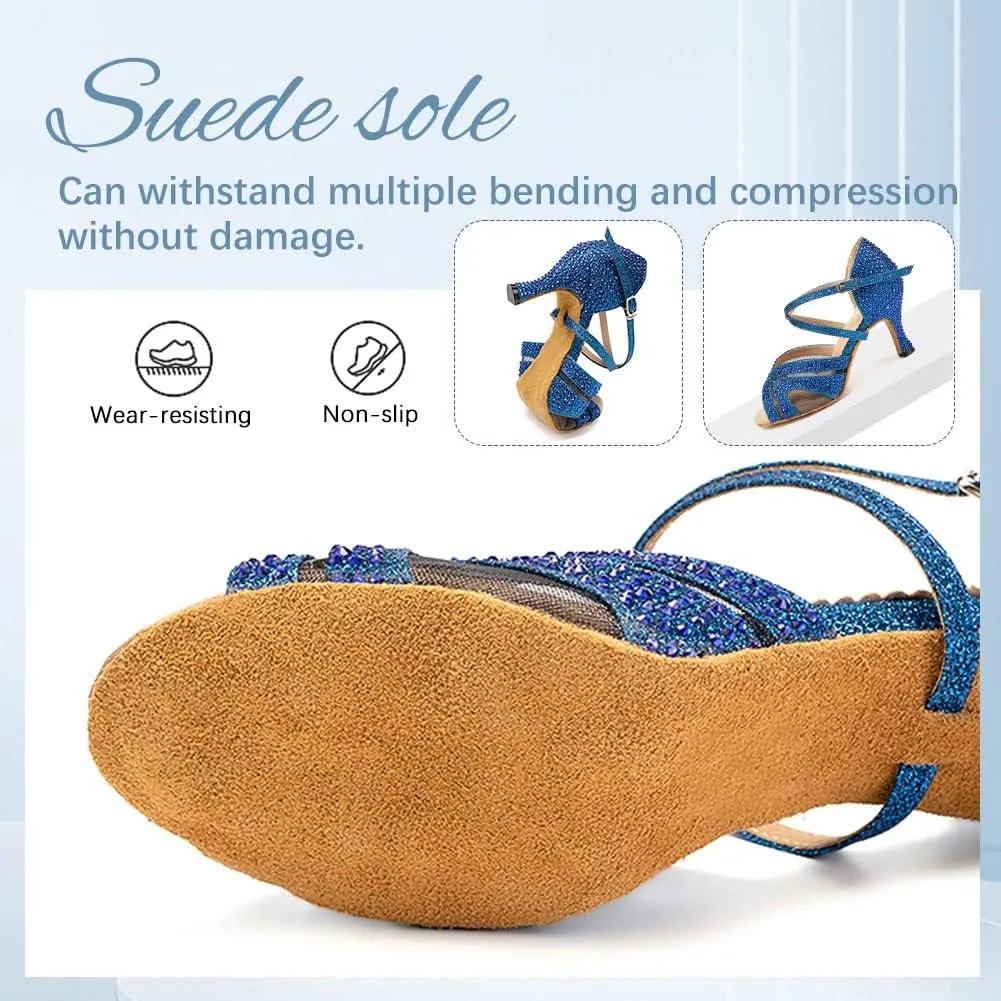 DKZSYIM Women Rhinestone Latin Ballroom Dance Shoes Bachata Salsa Practice Performance Dance Shoes,Model QJW1025