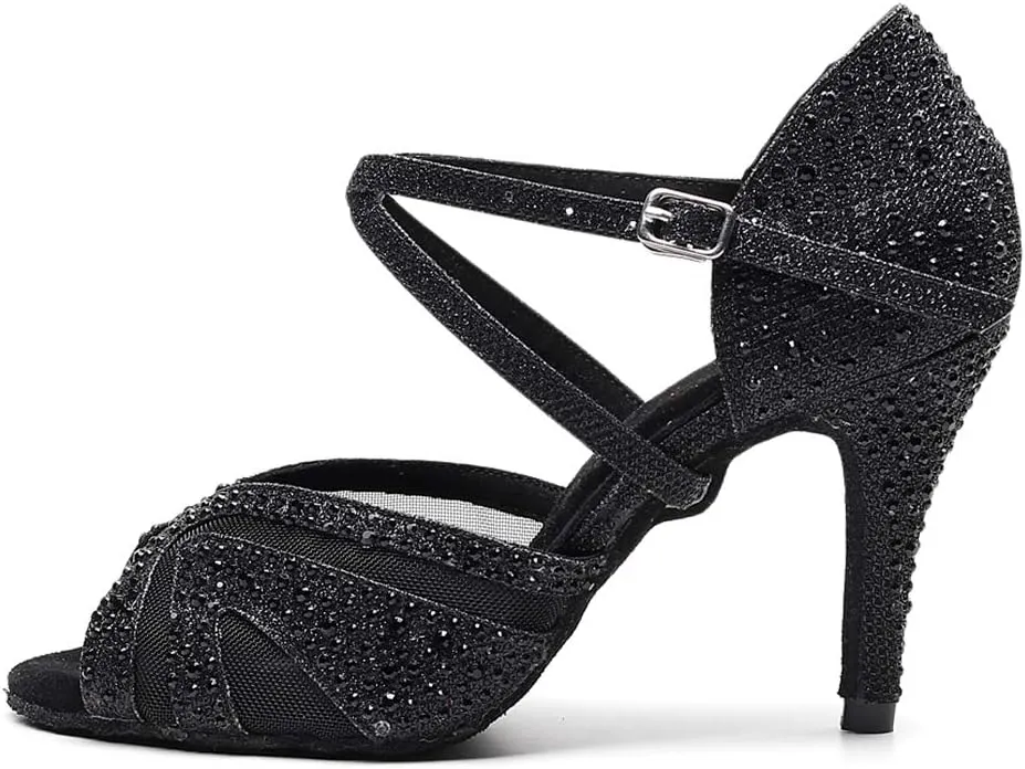 DKZSYIM Women Rhinestone Latin Ballroom Dance Shoes Bachata Salsa Practice Performance Dance Shoes,Model QJW1025