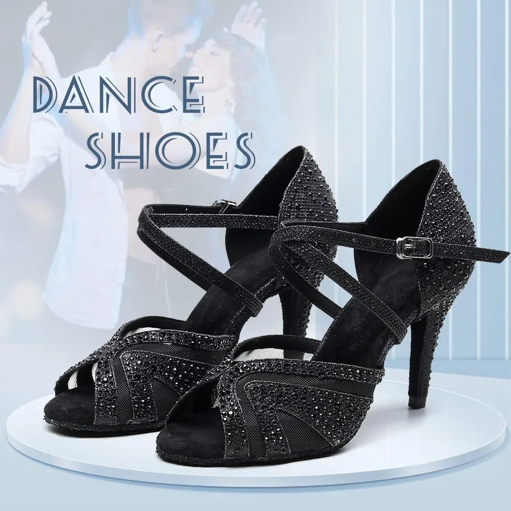 DKZSYIM Women Rhinestone Latin Ballroom Dance Shoes Bachata Salsa Practice Performance Dance Shoes,Model QJW1025