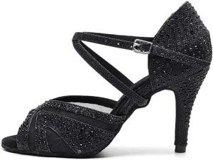 DKZSYIM Women Rhinestone Latin Ballroom Dance Shoes Bachata Salsa Practice Performance Dance Shoes,Model QJW1025
