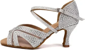 DKZSYIM Women Rhinestone Latin Ballroom Dance Shoes Bachata Salsa Practice Performance Dance Shoes,Model QJW1025