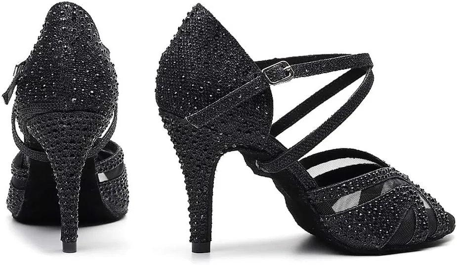 DKZSYIM Women Rhinestone Latin Ballroom Dance Shoes Bachata Salsa Practice Performance Dance Shoes,Model QJW1025