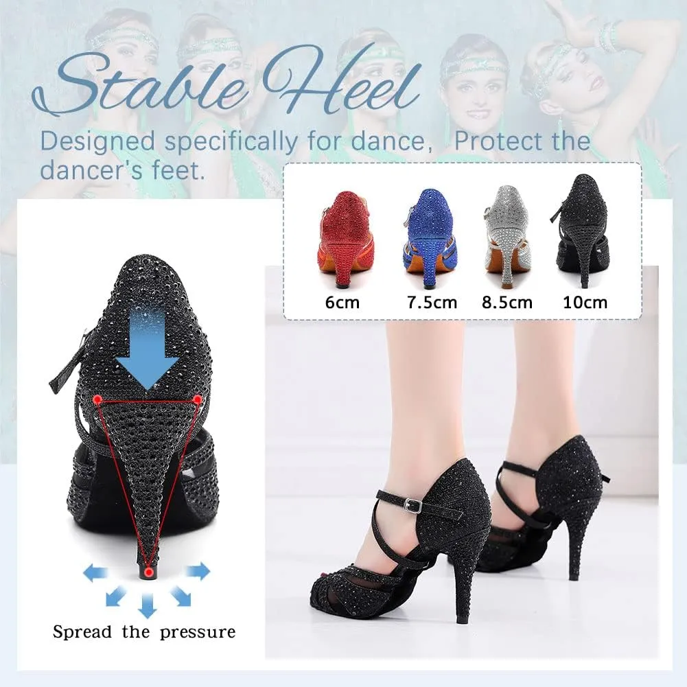 DKZSYIM Women Rhinestone Latin Ballroom Dance Shoes Bachata Salsa Practice Performance Dance Shoes,Model QJW1025