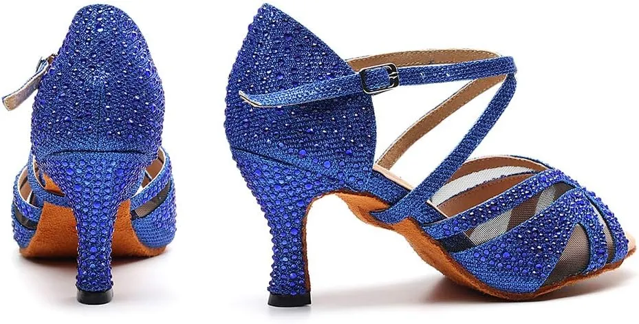 DKZSYIM Women Rhinestone Latin Ballroom Dance Shoes Bachata Salsa Practice Performance Dance Shoes,Model QJW1025