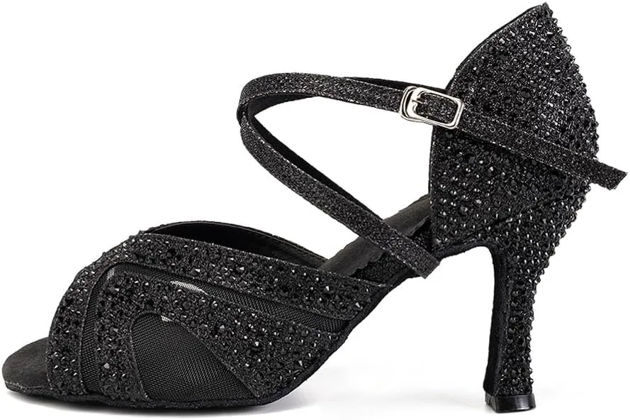 DKZSYIM Women Rhinestone Latin Ballroom Dance Shoes Bachata Salsa Practice Performance Dance Shoes,Model QJW1025