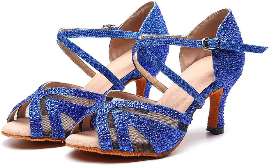 DKZSYIM Women Rhinestone Latin Ballroom Dance Shoes Bachata Salsa Practice Performance Dance Shoes,Model QJW1025