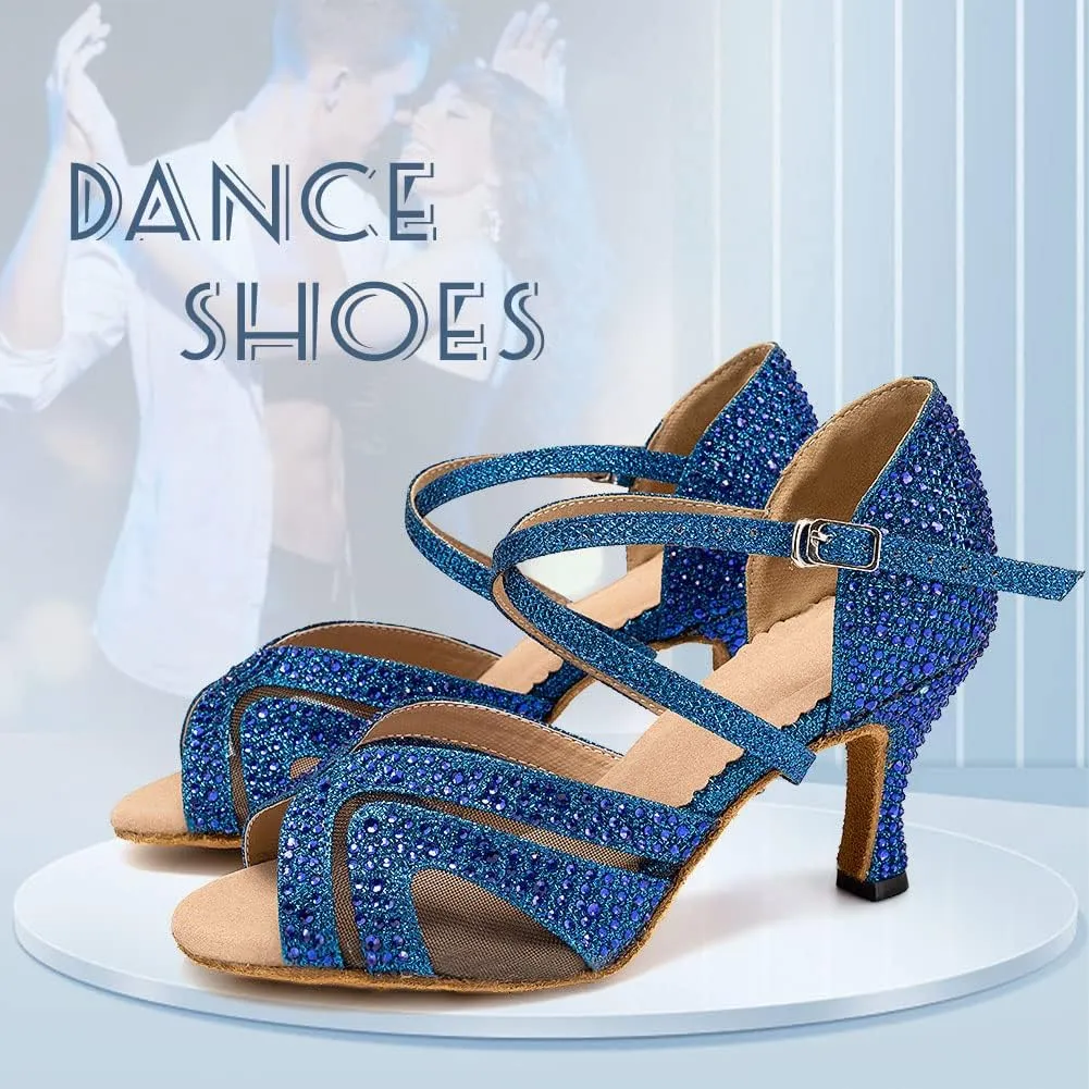 DKZSYIM Women Rhinestone Latin Ballroom Dance Shoes Bachata Salsa Practice Performance Dance Shoes,Model QJW1025