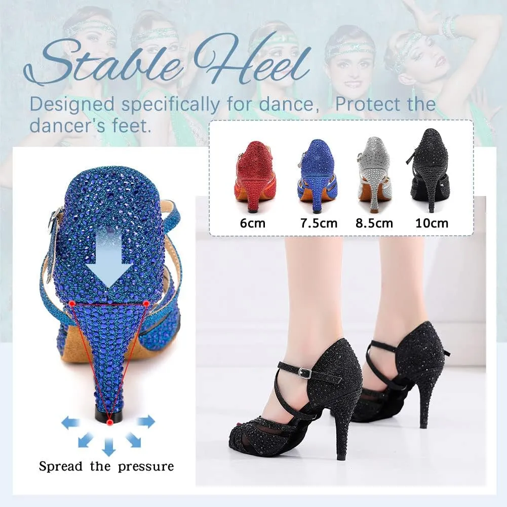 DKZSYIM Women Rhinestone Latin Ballroom Dance Shoes Bachata Salsa Practice Performance Dance Shoes,Model QJW1025