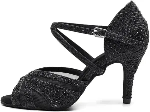 DKZSYIM Women Rhinestone Latin Ballroom Dance Shoes Bachata Salsa Practice Performance Dance Shoes,Model QJW1025