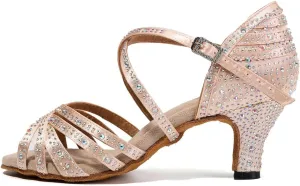 DKZSYIM Women Rhinestone Latin Ballroom Dance Shoes Bachata Salsa Practice Performance Dance Shoes,Model YCL377