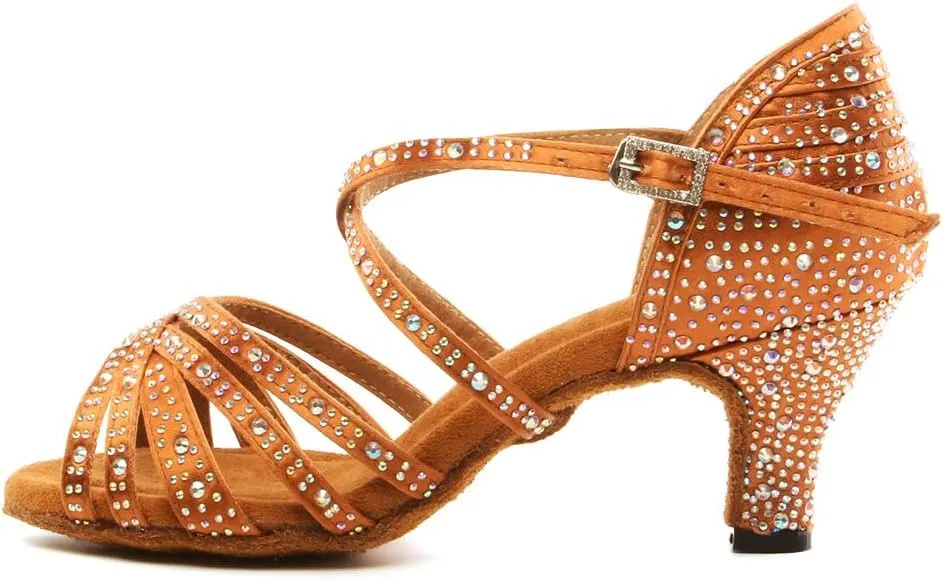 DKZSYIM Women Rhinestone Latin Ballroom Dance Shoes Bachata Salsa Practice Performance Dance Shoes,Model YCL377