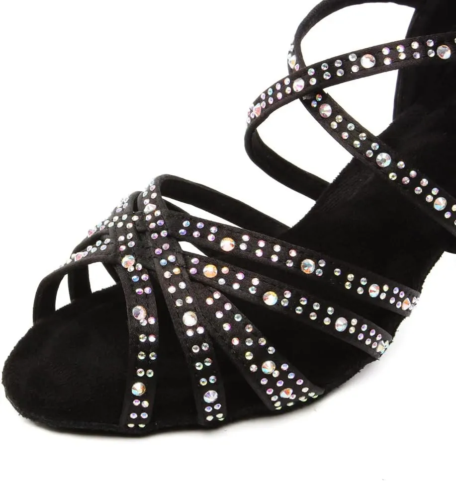 DKZSYIM Women Rhinestone Latin Ballroom Dance Shoes Bachata Salsa Practice Performance Dance Shoes,Model YCL377