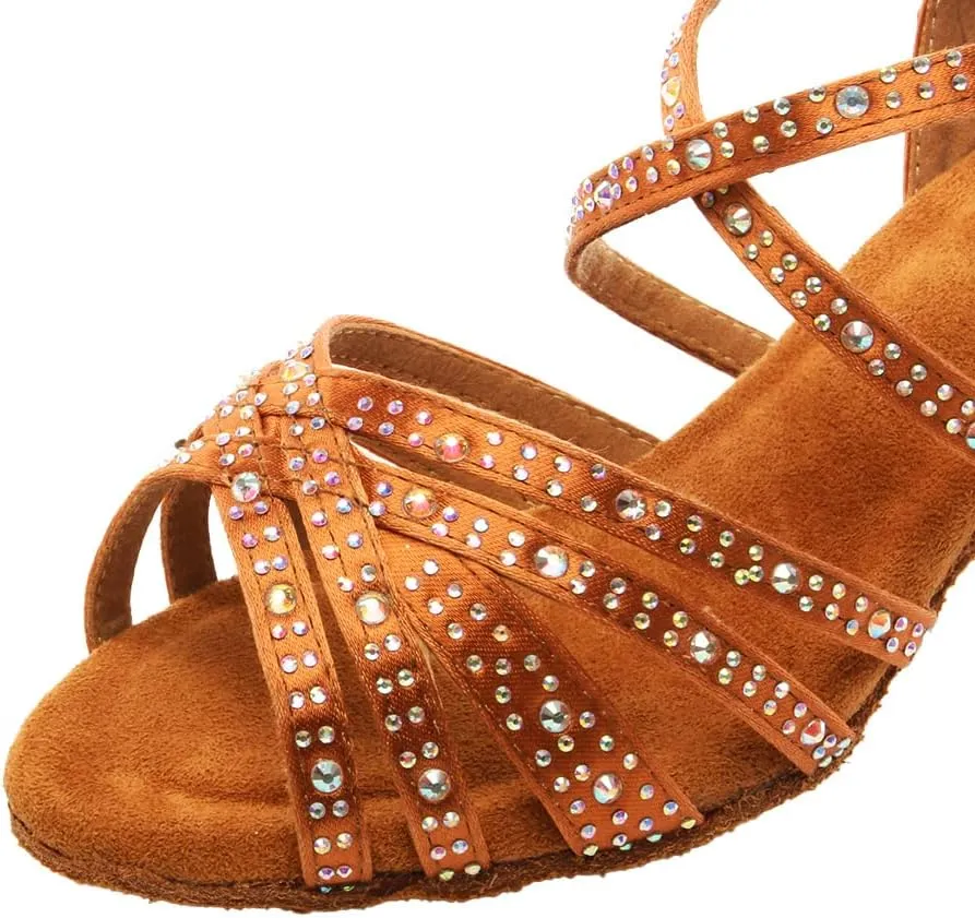 DKZSYIM Women Rhinestone Latin Ballroom Dance Shoes Bachata Salsa Practice Performance Dance Shoes,Model YCL377