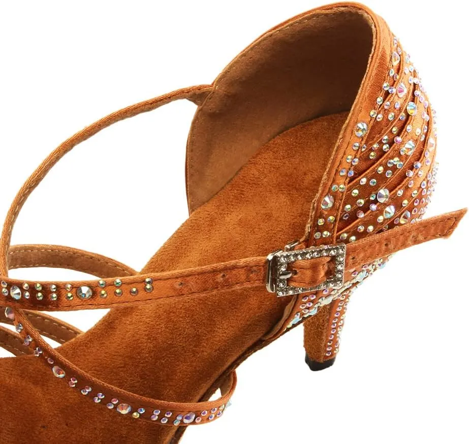 DKZSYIM Women Rhinestone Latin Ballroom Dance Shoes Bachata Salsa Practice Performance Dance Shoes,Model YCL377