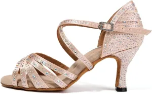 DKZSYIM Women Rhinestone Latin Ballroom Dance Shoes Bachata Salsa Practice Performance Dance Shoes,Model YCL377