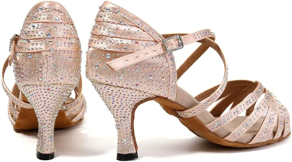 DKZSYIM Women Rhinestone Latin Ballroom Dance Shoes Bachata Salsa Practice Performance Dance Shoes,Model YCL377