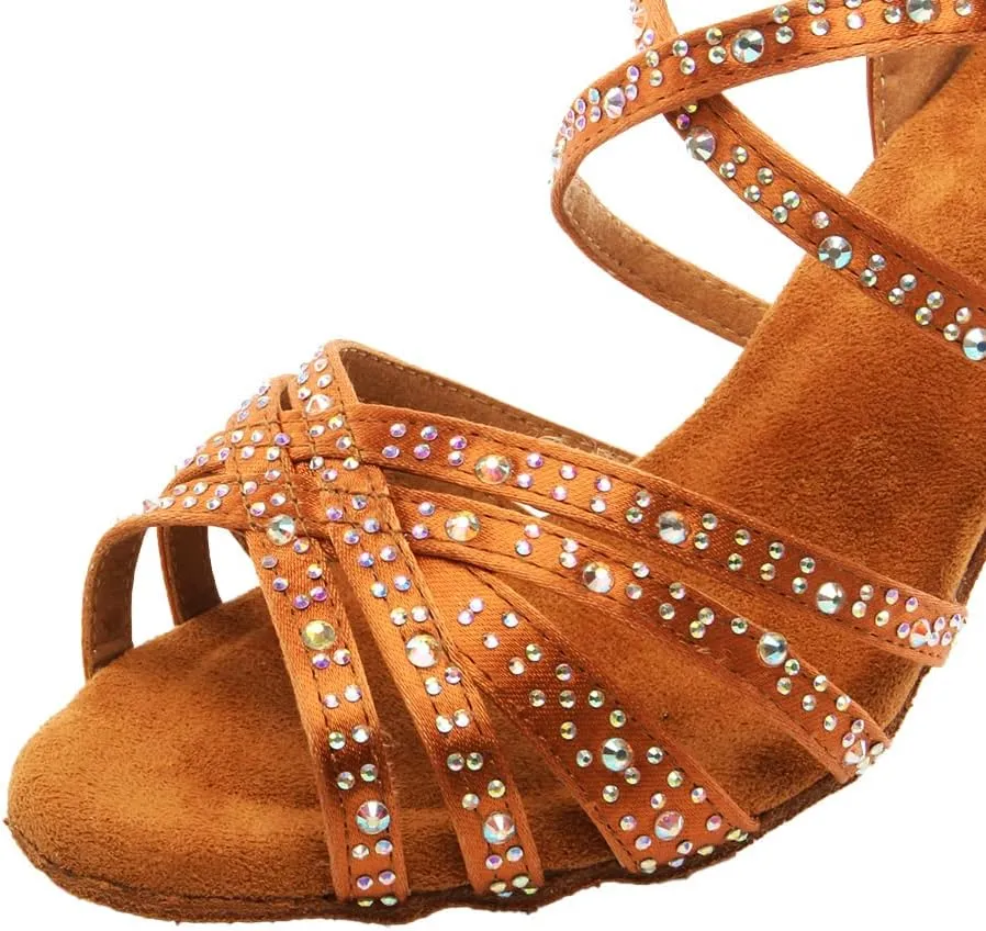 DKZSYIM Women Rhinestone Latin Ballroom Dance Shoes Bachata Salsa Practice Performance Dance Shoes,Model YCL377