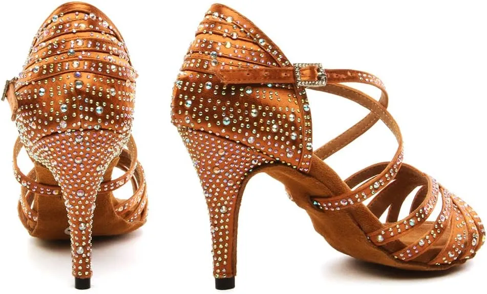 DKZSYIM Women Rhinestone Latin Ballroom Dance Shoes Bachata Salsa Practice Performance Dance Shoes,Model YCL377