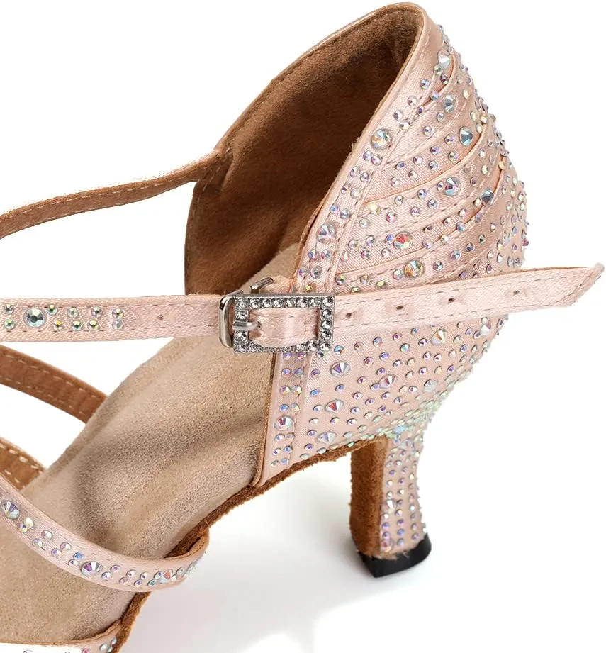 DKZSYIM Women Rhinestone Latin Ballroom Dance Shoes Bachata Salsa Practice Performance Dance Shoes,Model YCL377