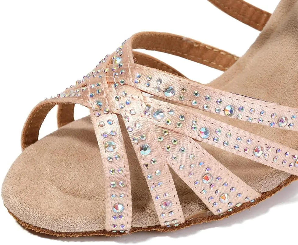 DKZSYIM Women Rhinestone Latin Ballroom Dance Shoes Bachata Salsa Practice Performance Dance Shoes,Model YCL377