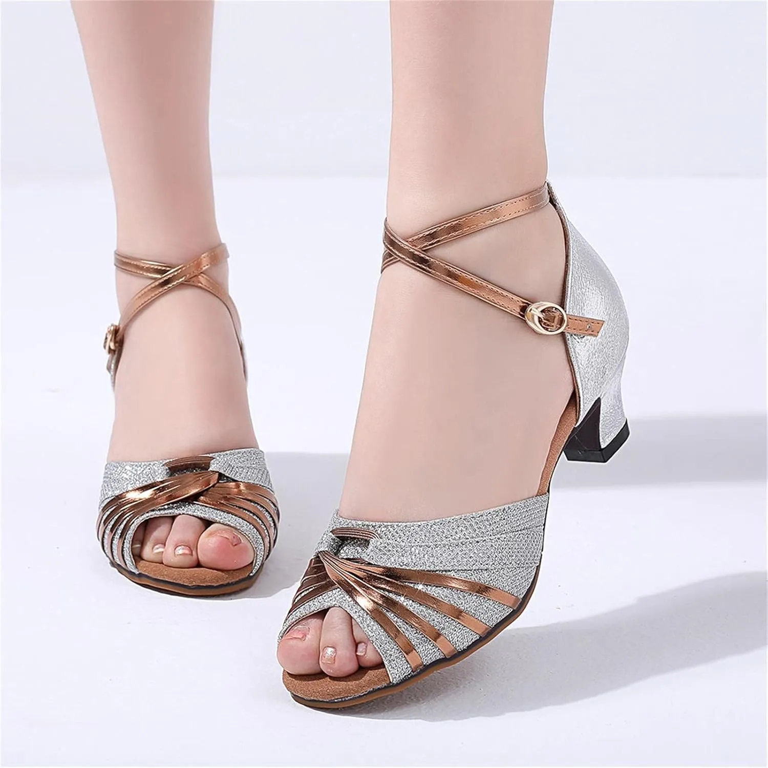 Dress Shoes for Women Ballroom Dance Shoes Rhinestone Latin Dance Shoe Chunky Professional Heels with Ankle Strap