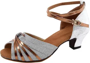 Dress Shoes for Women Ballroom Dance Shoes Rhinestone Latin Dance Shoe Chunky Professional Heels with Ankle Strap