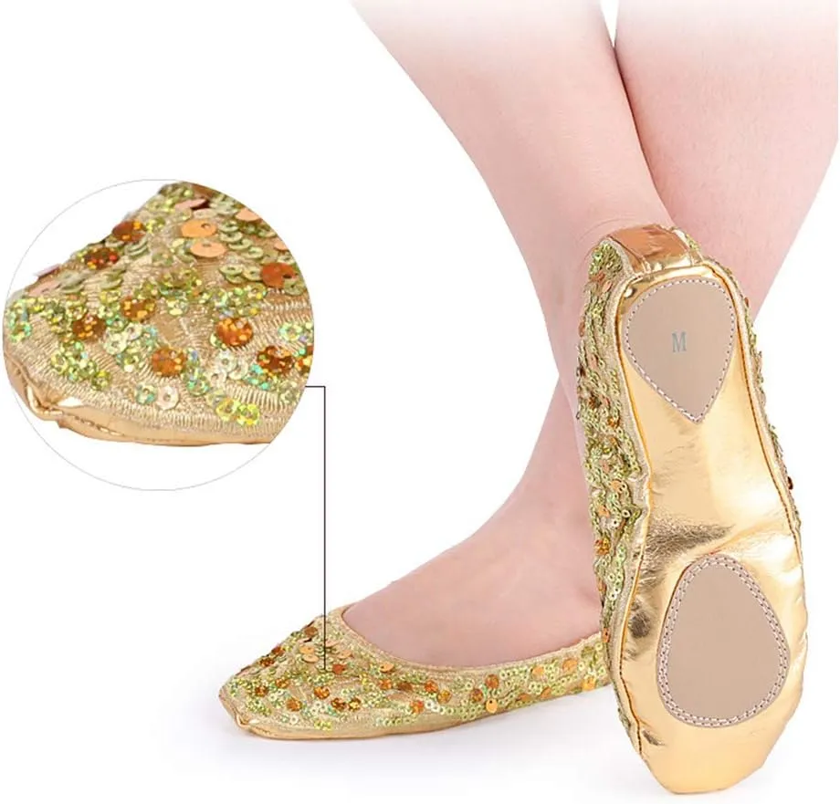 EXCEART 1 Pair Dancing Accessories Girls Glitter Slipper Dancing Shoes Sneakers Slippers Shoes for Women Flats Sequins Ballet Shoes Girl Child Non-slip Performance Shoes Golden