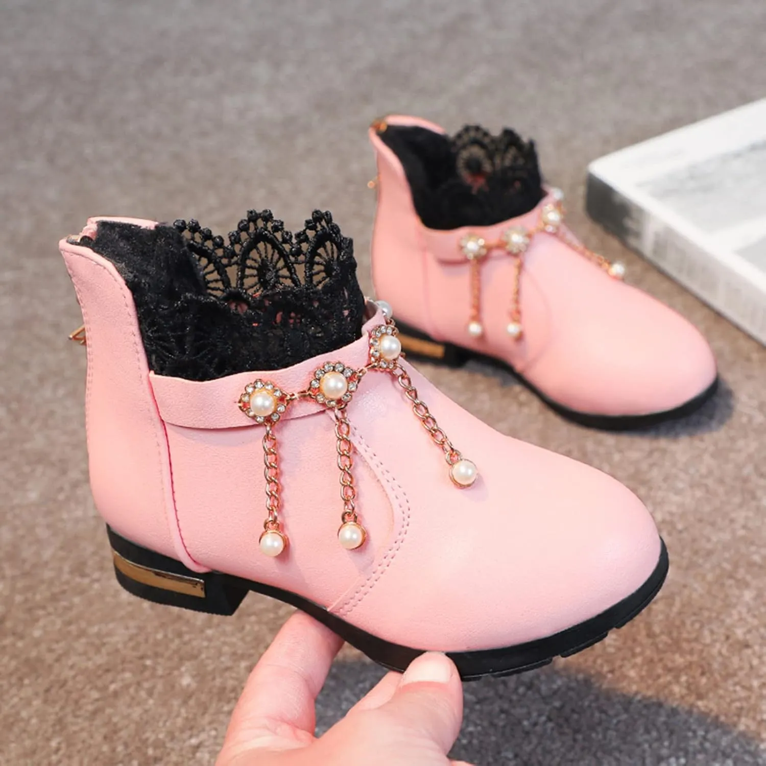 Girl Boots Kids Ankle Boots Pearls Zipper Boots Low Heel Short Booties Anti-Slip Shoes Dressy Shoes for Girls