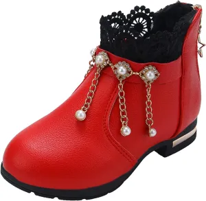 Girl Boots Kids Ankle Boots Pearls Zipper Boots Low Heel Short Booties Anti-Slip Shoes Dressy Shoes for Girls