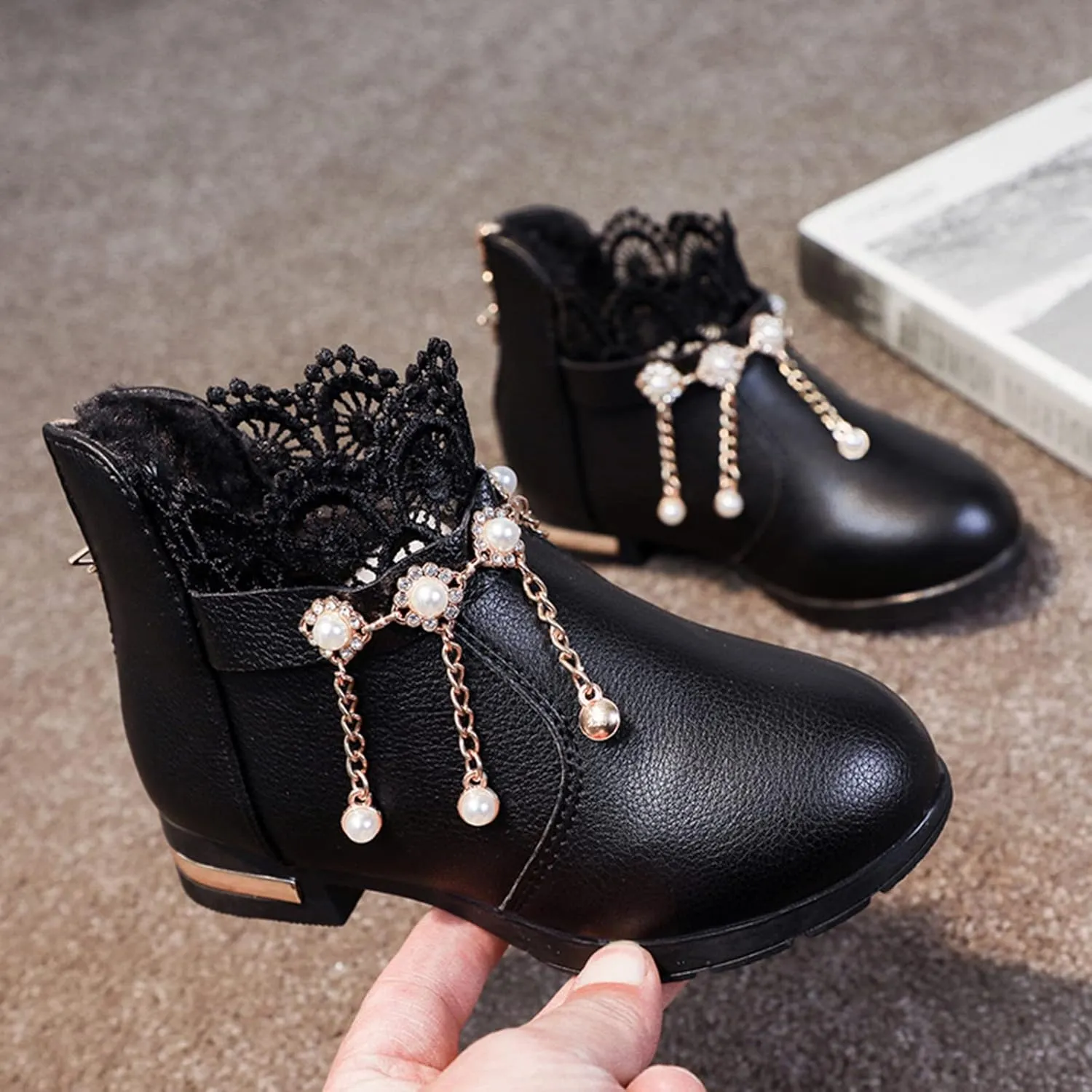 Girl Boots Kids Ankle Boots Pearls Zipper Boots Low Heel Short Booties Anti-Slip Shoes Dressy Shoes for Girls