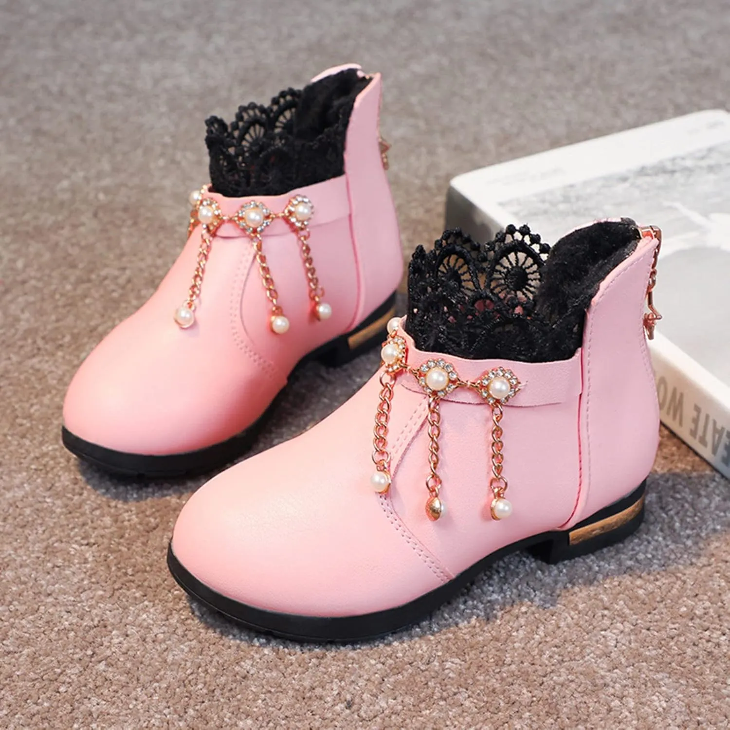 Girl Boots Kids Ankle Boots Pearls Zipper Boots Low Heel Short Booties Anti-Slip Shoes Dressy Shoes for Girls