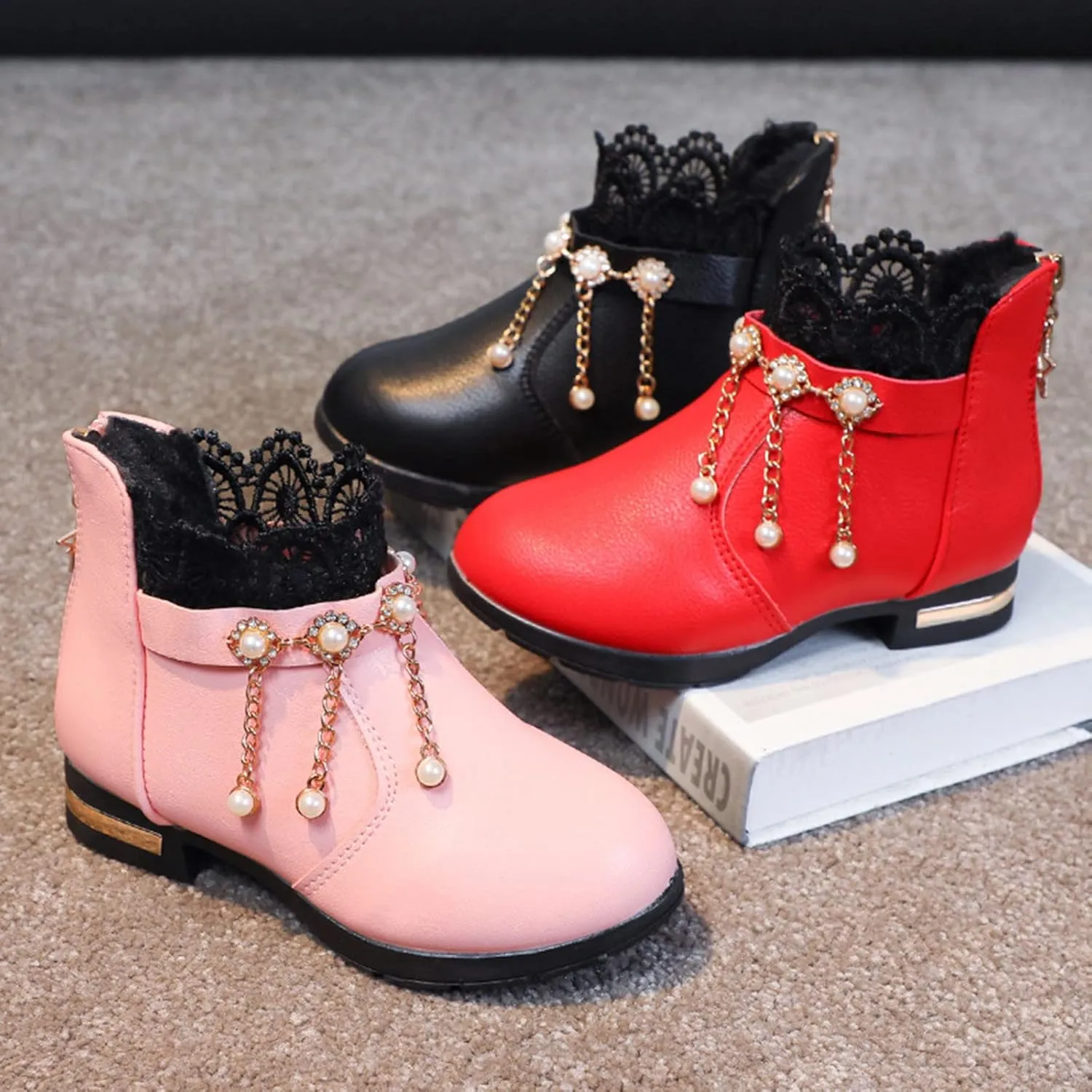 Girl Boots Kids Ankle Boots Pearls Zipper Boots Low Heel Short Booties Anti-Slip Shoes Dressy Shoes for Girls