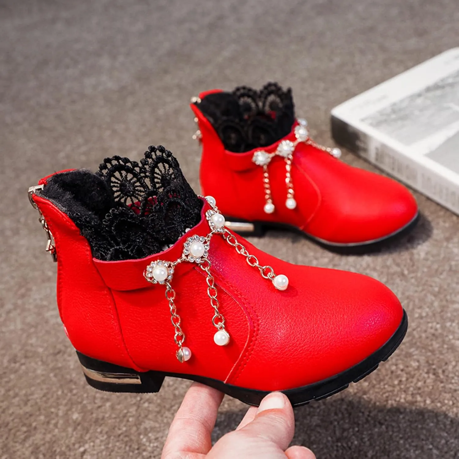 Girl Boots Kids Ankle Boots Pearls Zipper Boots Low Heel Short Booties Anti-Slip Shoes Dressy Shoes for Girls