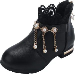 Girl Boots Kids Ankle Boots Pearls Zipper Boots Low Heel Short Booties Anti-Slip Shoes Dressy Shoes for Girls